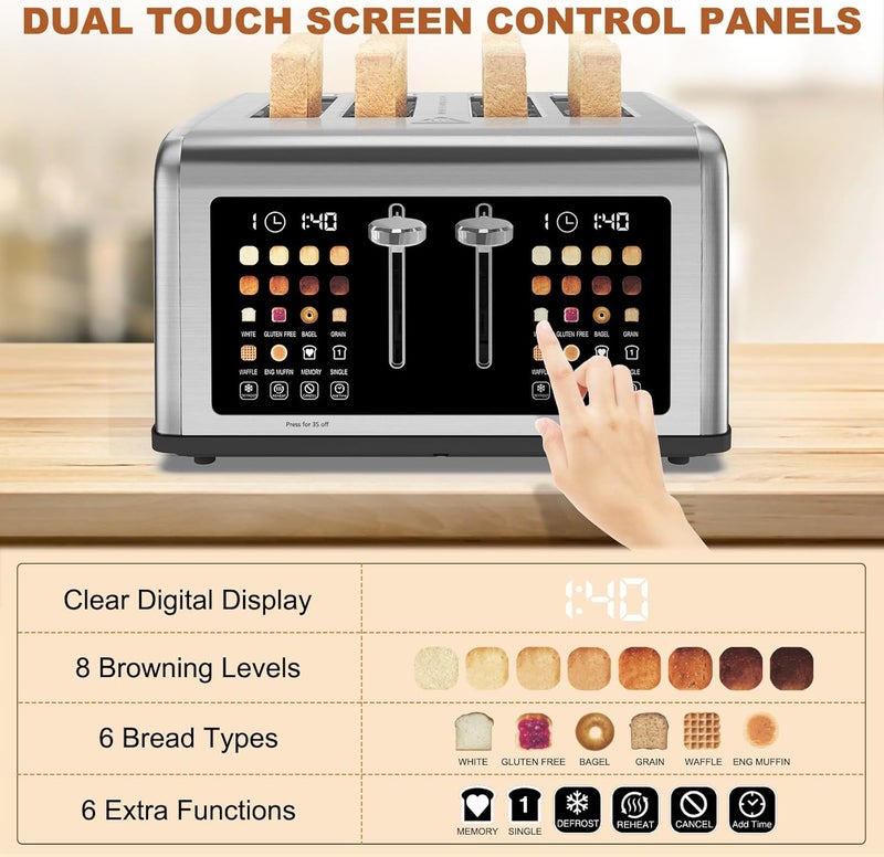 Clixane 4 Slice Toaster Touch Screen, Stainless Steel Toasters Digital Timer, Dual Control Panel Toasters, 8 Shade Settings 6 Bread Types for Bagel, Cancel, Defrost 1650W - Image 2